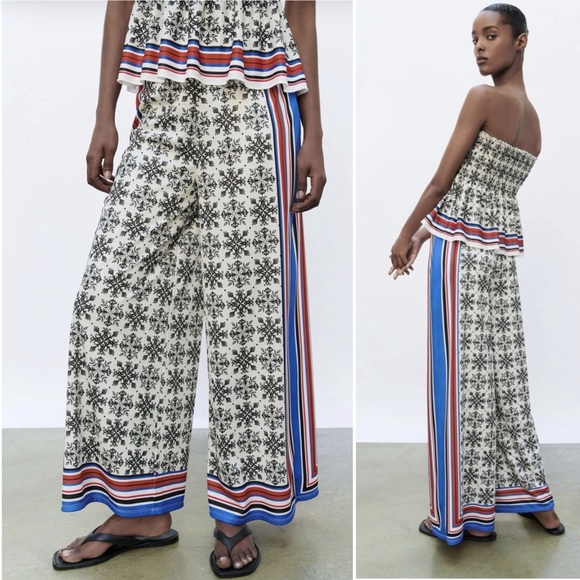 Zara Wide Leg High Waist Palazzo Scarf Print Flowing Trousers Moroccan Tile Smll - Picture 1 of 16